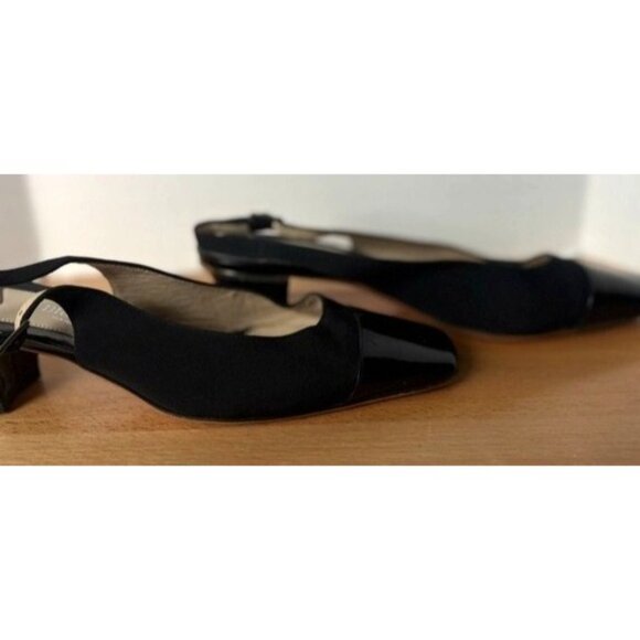 Bruno Magli Italy Black Leather Fabric Slingback Peep Toe Heels Shoes Size 6 - Picture 2 of 14
